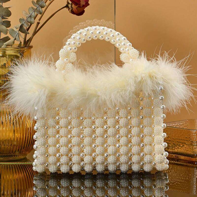 Designer bag 52 Fashion Bags For Ladies Pearl Beaded Plush Handbag Exquisite Winter Style Soft Fur Handmade Clutch Evening Bag for girle