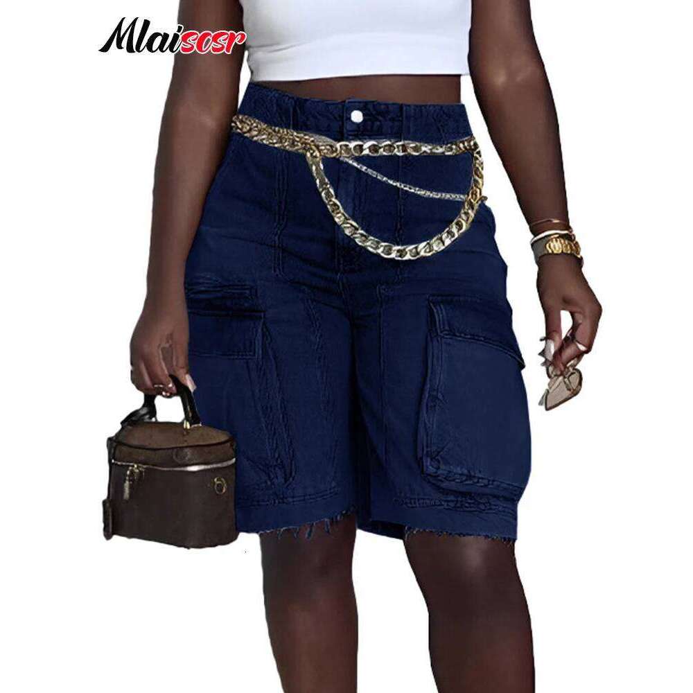 Mlaiscsr Summer Blue Denim Knee Length Shorts Women Pocket Side Straight Cargo Jeans Streetwear Bermuda Short Pants Dungarees