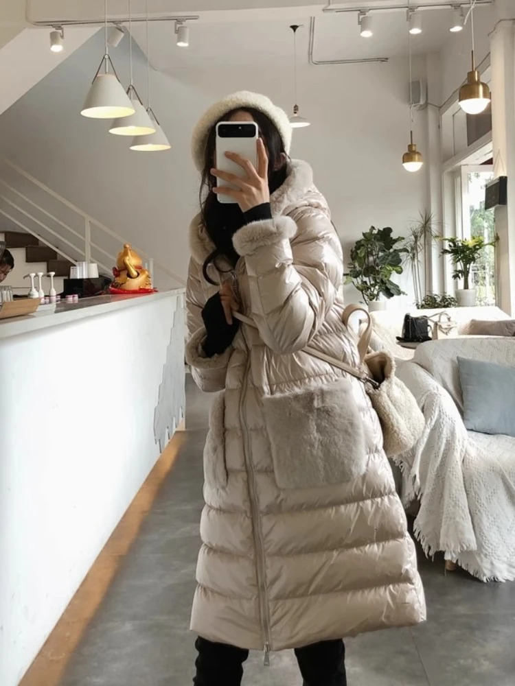 Winter Down Jacket Women Rabbit Fur 90% Collar Hooded White Duck Puffer Coat Female Warm Windproof Parkas Ladies 250811