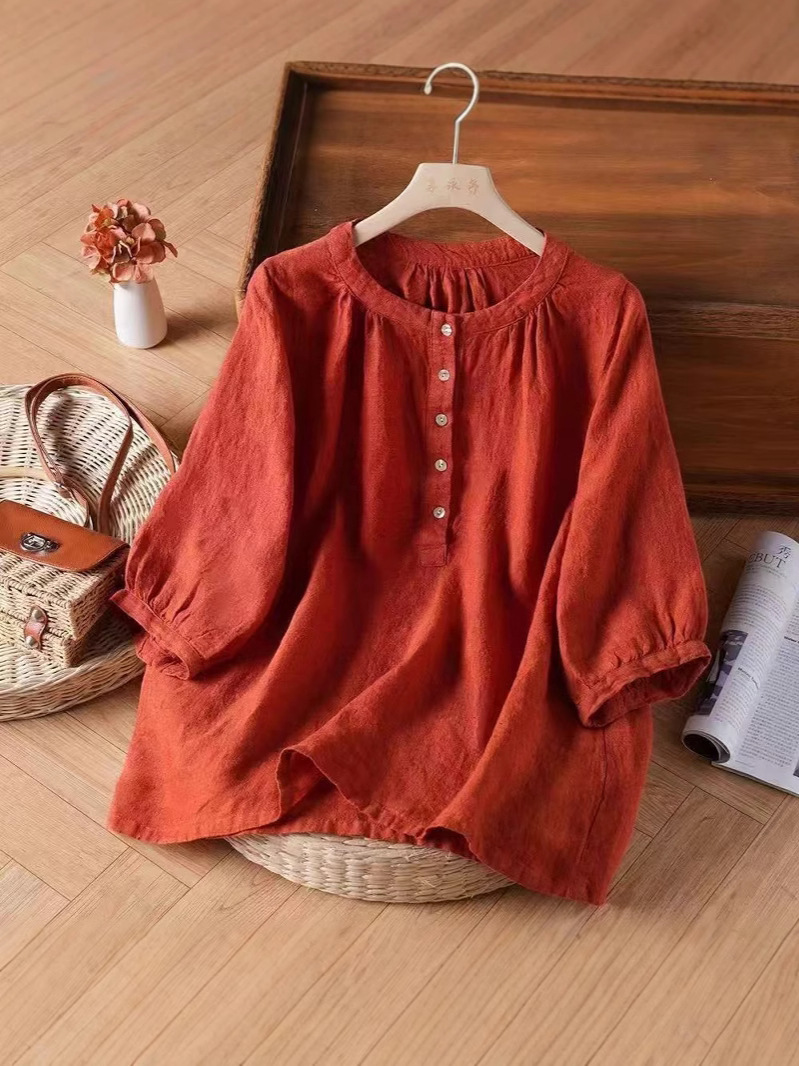 K2102 Retro cotton and linen shirt women's five-quarter sleeve spring and summer new pure cotton blouse loose belly-covering top mother's la