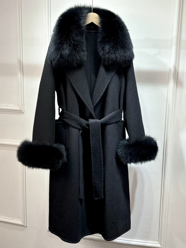 Janveny Fox Fur Coat Autumn Winter Jacket Women Wool Blends Coats Belt Cuffs Warm Fashion Woolen Streetwear 250811