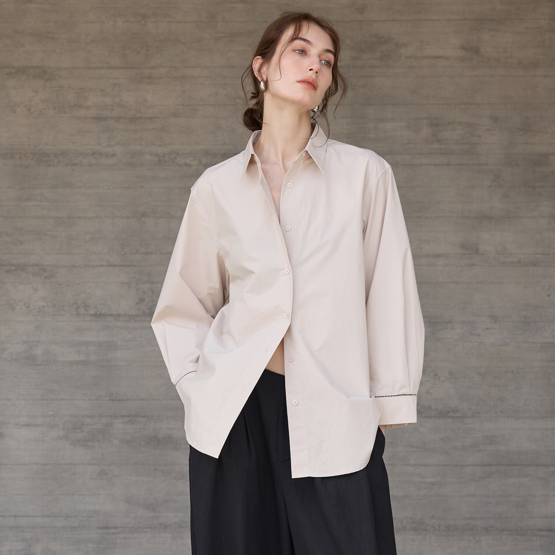 Autumn Winter New Pure Cotton Long Sleeve Shirt for Women French Lazy Style Hollow Design Top Mid-Length Versatile Blouse