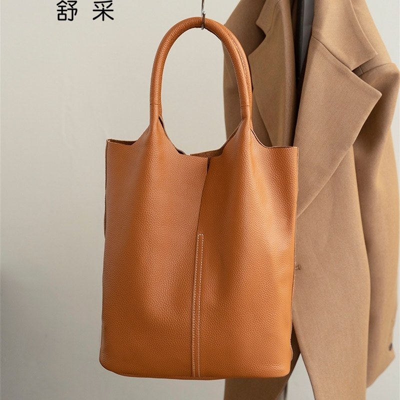 Genuine Leather Tote Bag Simple Ladies Soft Cowhide Shoulder Handbag Large Capacity Women Bucket w250801