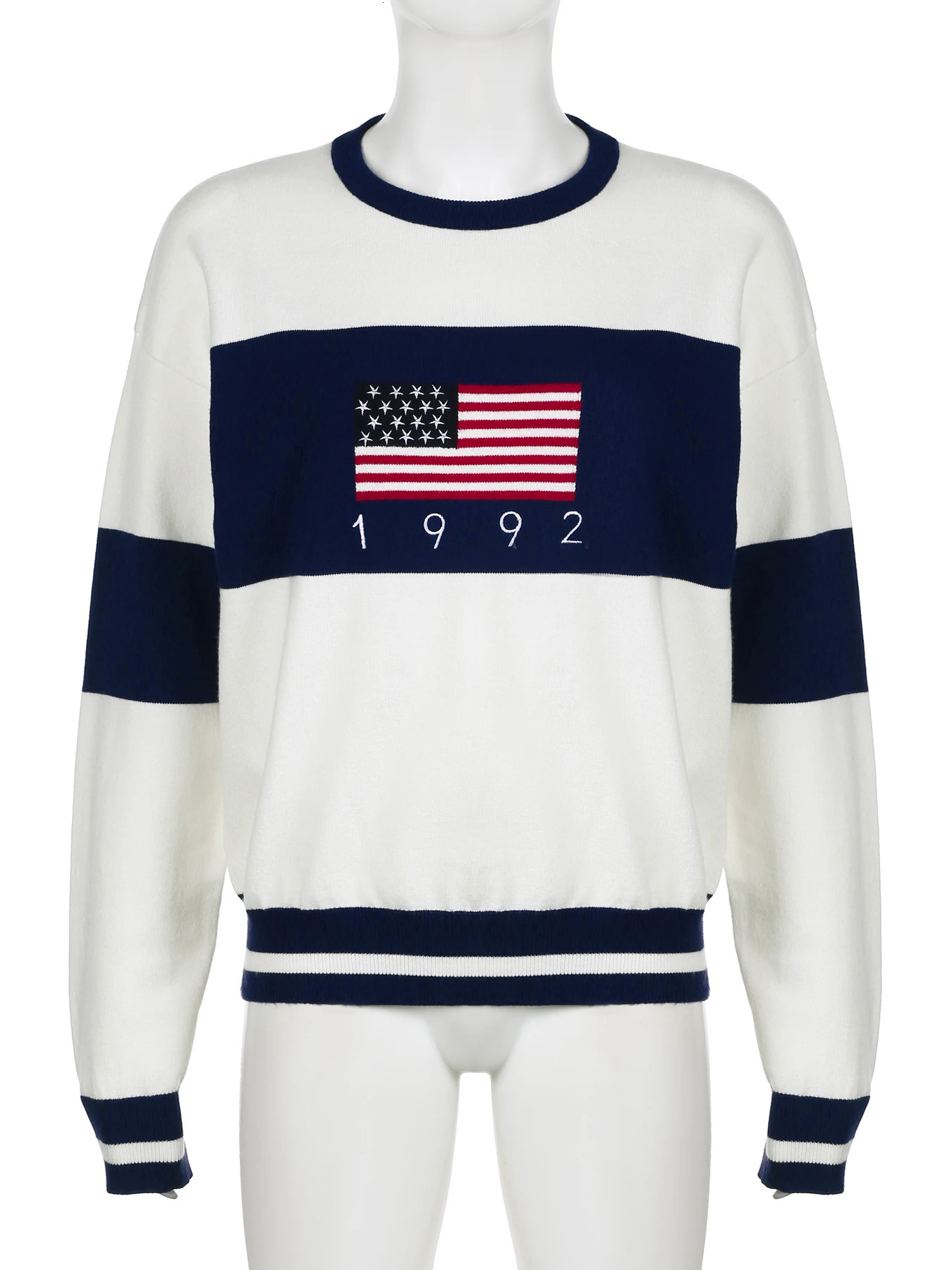 Rockmore Preppy Style American Flag Print Knitted Sweater Women Y2k Clothes Vintage Casual Streetwear Full Sleeve Oneck Pullover 250808