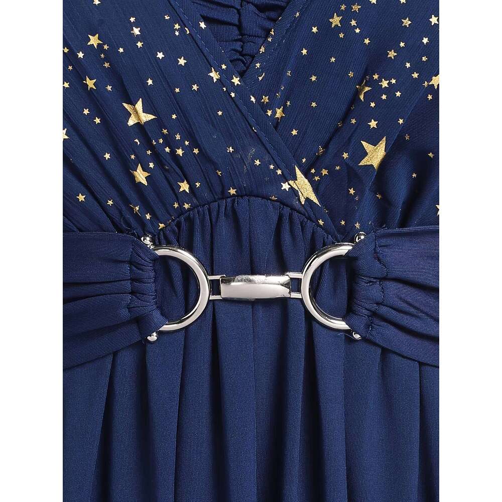 Fashion Women's Plus Size Explosions Star Print Button Pocket Pleats Butterfly Sleeve Elegant Temperament Dress