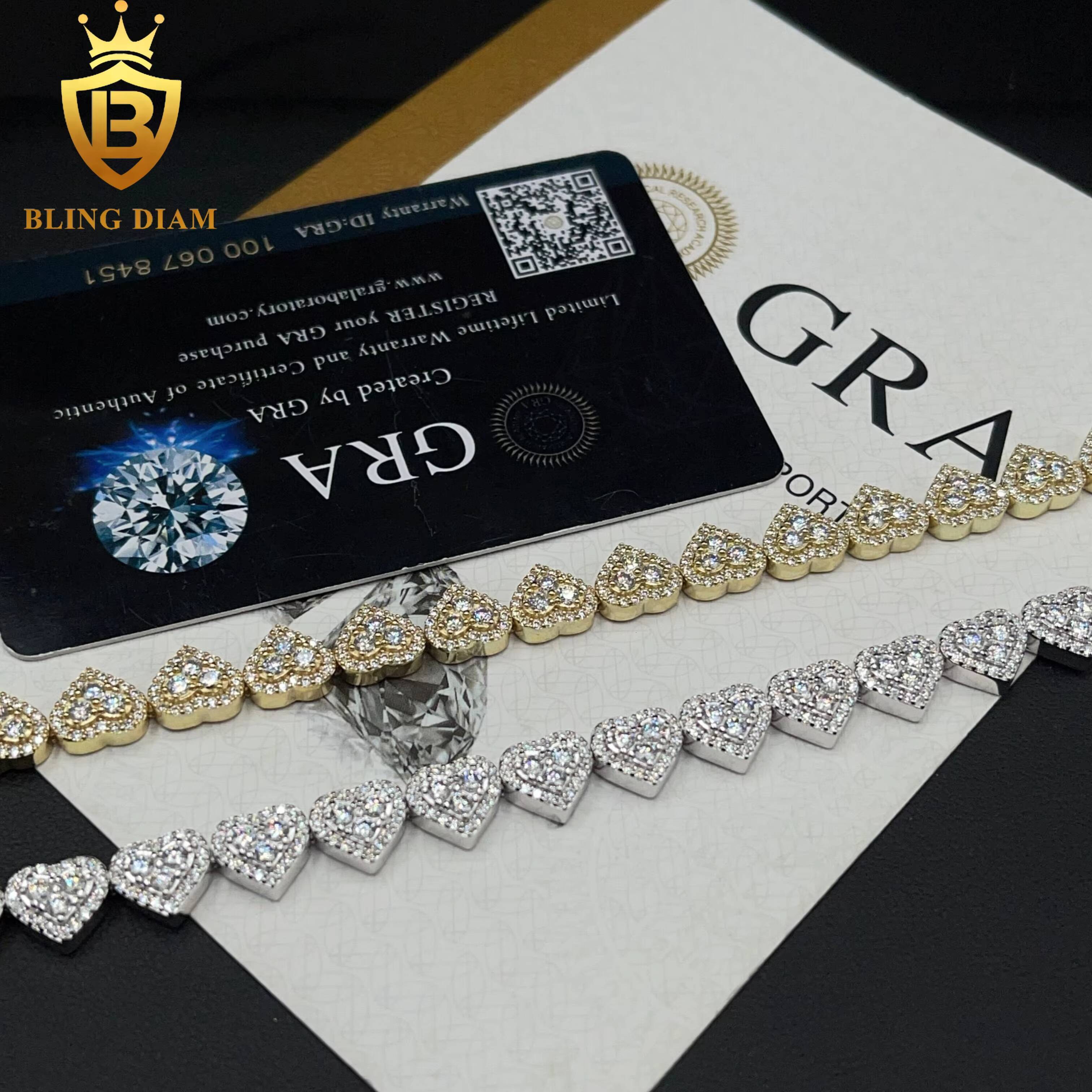 Fashion Jewelry 925 Sterling Silver VVS Moissanite Heart Shape Cuban Tennis Chain 8mm Bracelet