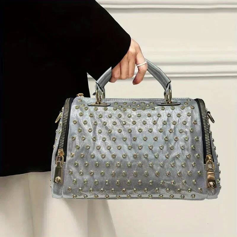 Ladies' Fashionable Gorgeous Studded Nylon Tote With Leopard Pattern And Full Dia Cylindrical Rhinestone Bag