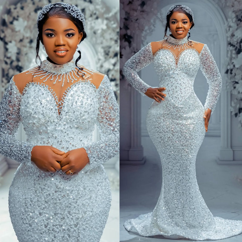 Arabic Aso Ebi Plus Size Off White Mermaid Wedding Dresses 2025 High Neck Sequined Lace Pearls Beaded Floral Lace Luxurious Vintage Bridal Gowns Dress