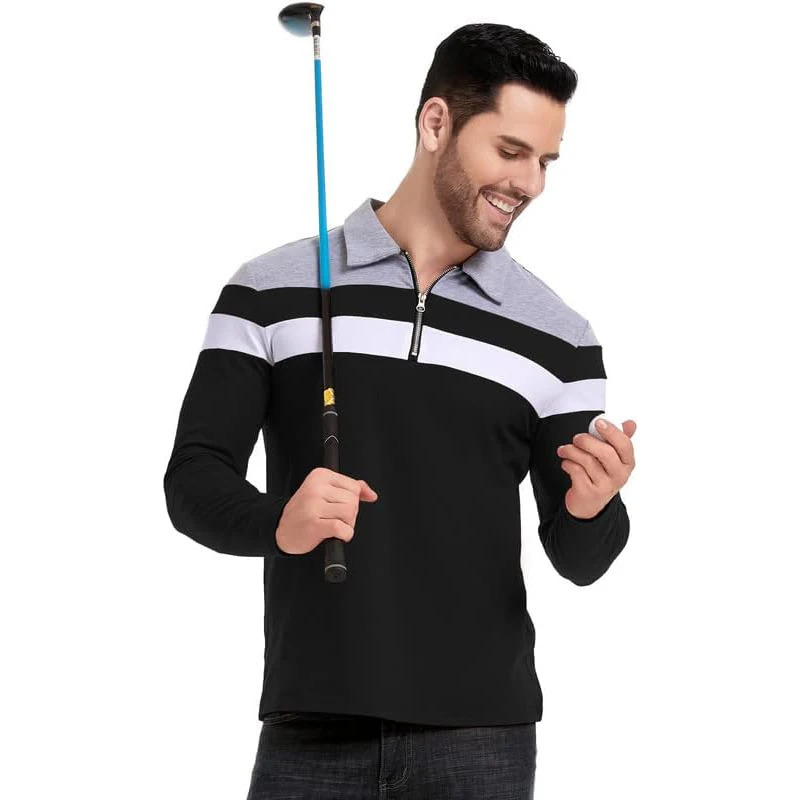 Mens Long Sleeve Striped Polo Shirts 14 Zip Cotton Patchwork Collared Shirt Casual Fashion Pullover Slim Fit Golf 250814