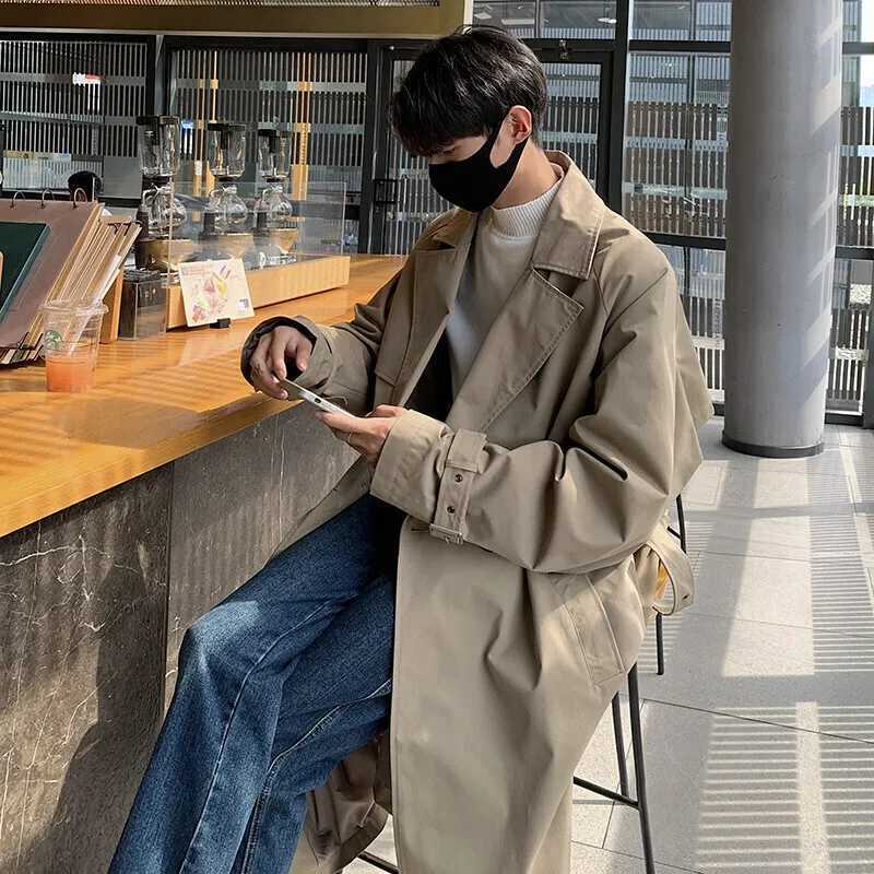 Autumn Trench Coat Men Oversized Fashion Khaki Black Long Coat Men Streetwear Korean Loose Windbreaker Jacket Mens Overcoat W250815