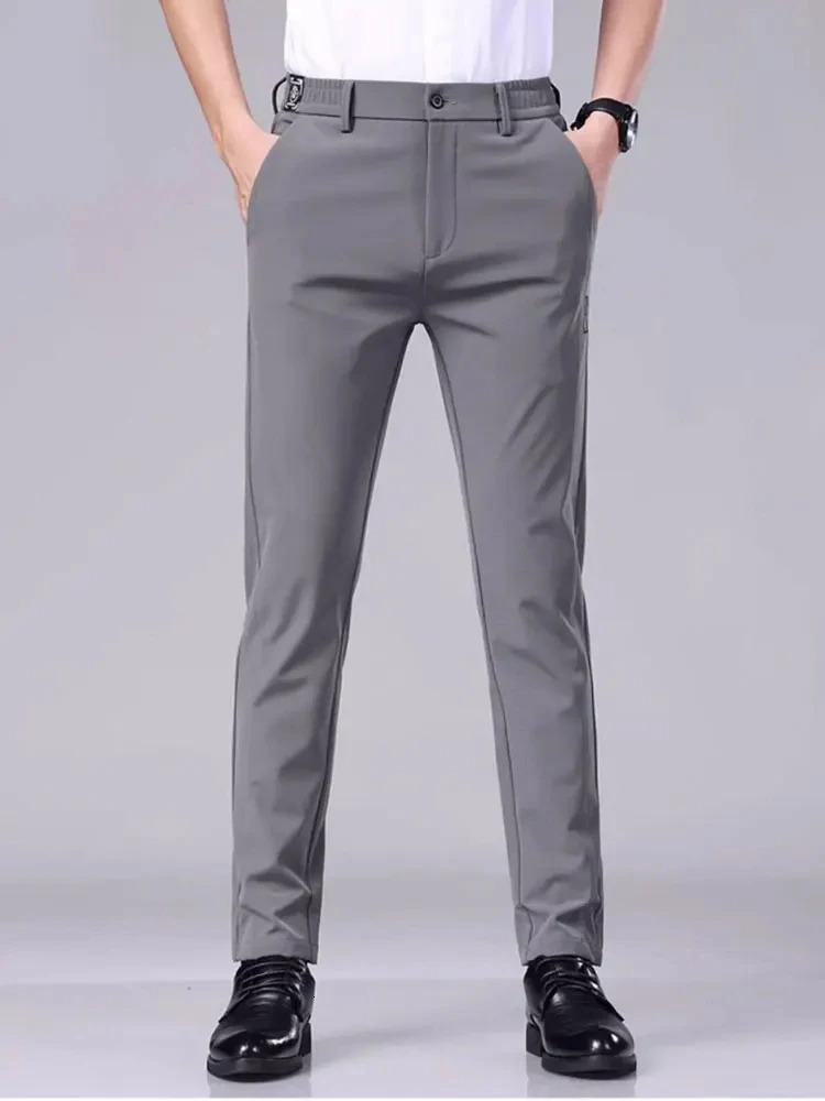 Mens casual pants semi elastic waistband nylon ice silk elastic straight tube light gray business gentleman summer casual 250808
