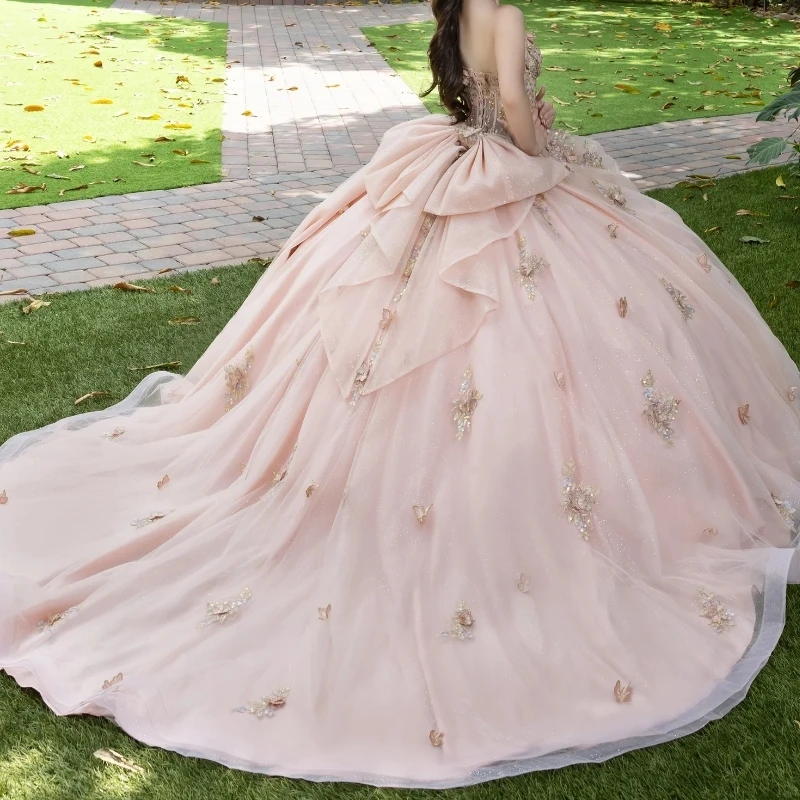 Light Pink Ball Gown Quinceanera Dresses Off the Shoulder Applique Bow Beads Bow Tull Corset Vestidos 15 De Anos Sweet 16 Dress