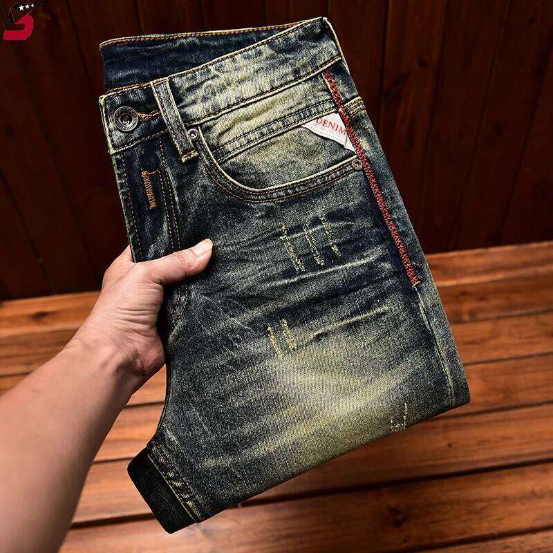 High-End Motorcycle Jeans Men's Autumn Washed-out Vintage Nostalgic Fall Slim Fit Straight Stretch Denim Long Pants
