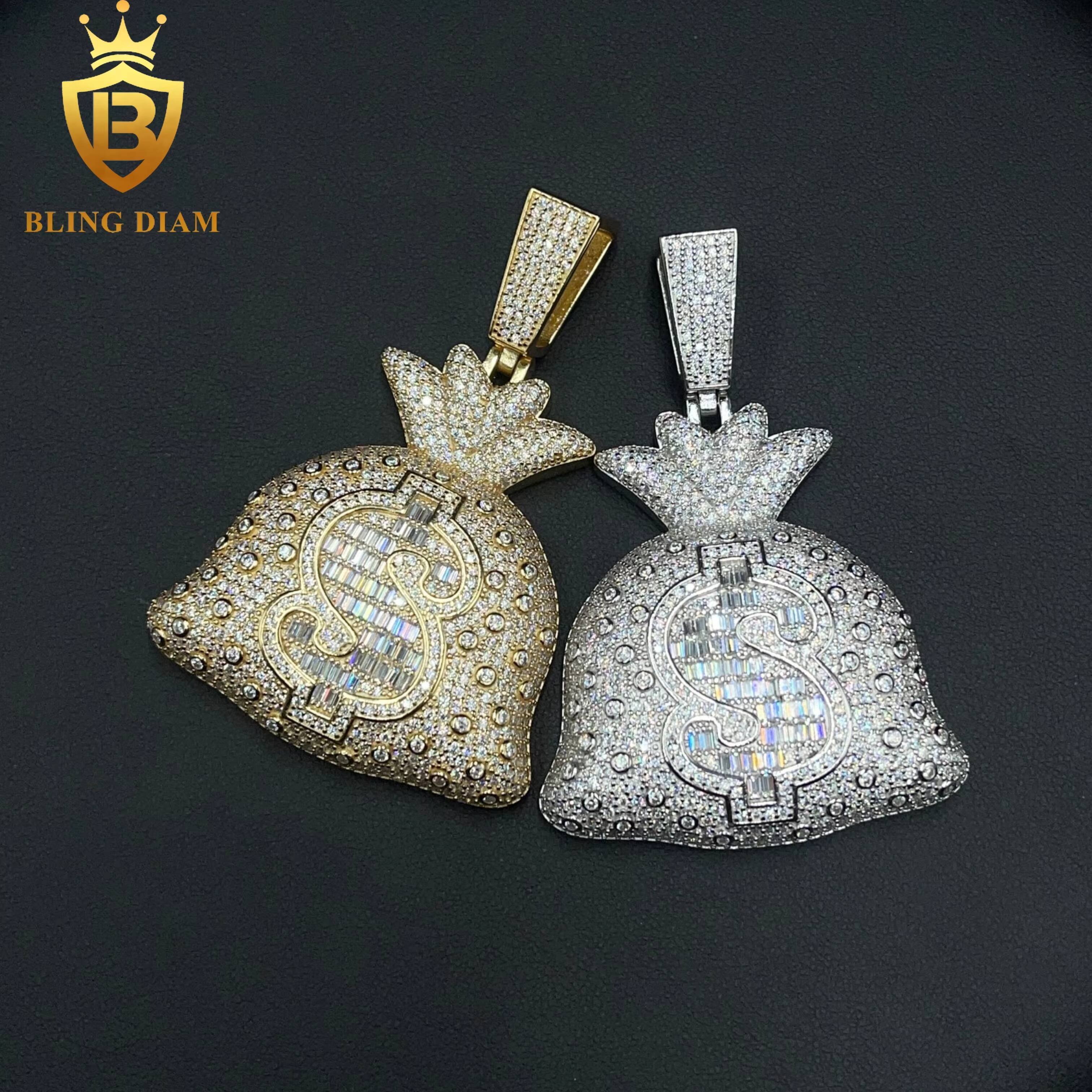 Hip Hop Rapper Style Jewelry 925 Sterling Silver VVS Moissanite Charm Money Bag Custom Pendants