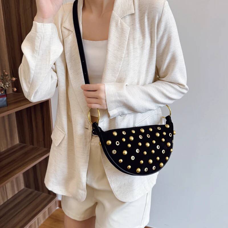 MOODS Branded Half-Moon Shoulder For Women Faux Suede Rivets Decor Crossbody Hobo Bags 2025 Latest Designer Handbags