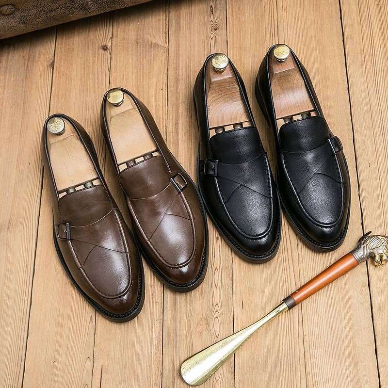 Fashionable Formal Men Lightweight Outdoor Loafers Thick Soled Wear-resistant Leather Shoes Black Sizes38-44