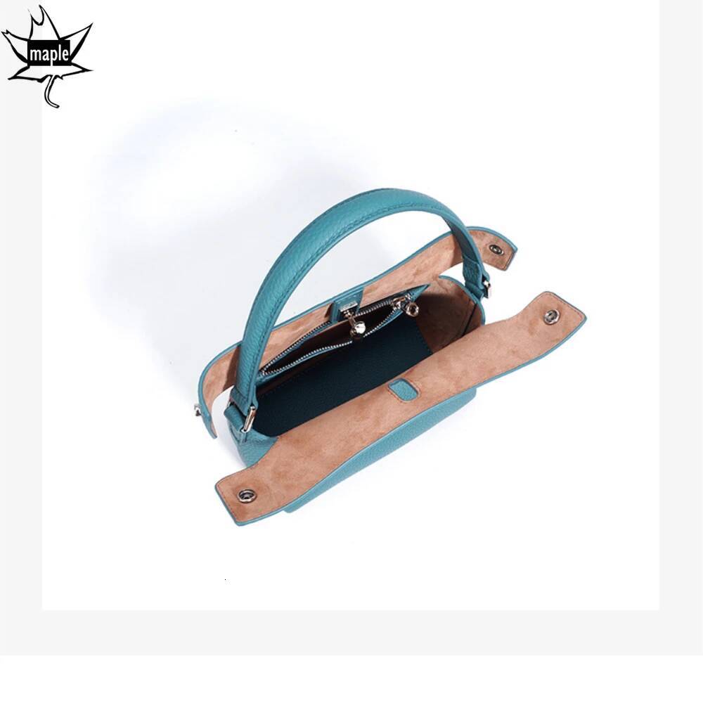 New Summer Blue Color High-End Small Bucket Tote Buckle Close Design Genuine Cow Leather Women Shoulder Bag Handbag