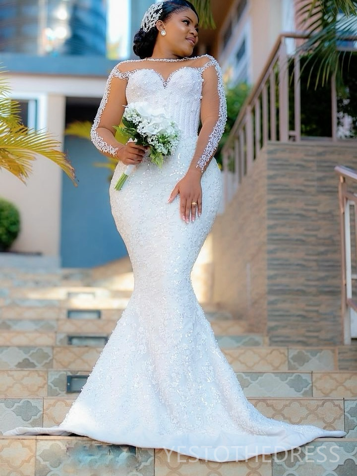 2025 Mermaid Aso Ebi Off White African Wedding Dress Bridal Gowns For Bride Sheer Neck Simple Beaded Lace Tassel Crystals Wedding Gowns For Black Wome