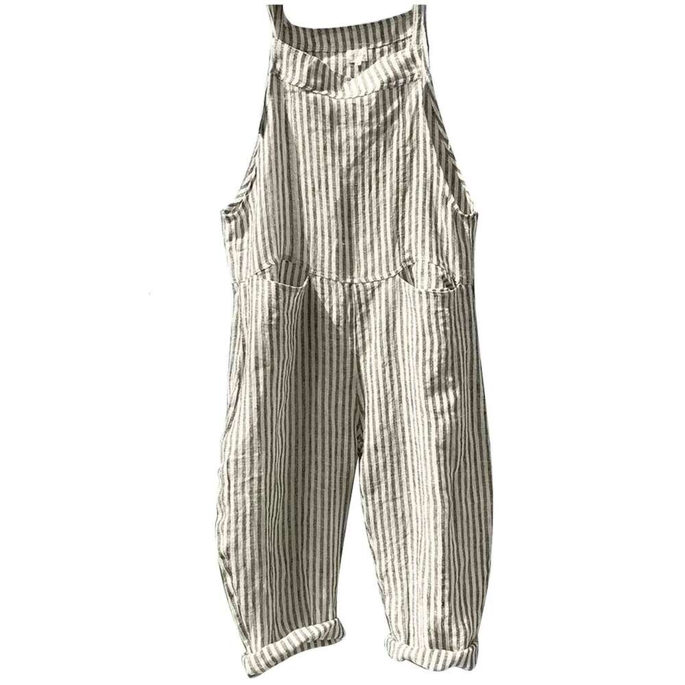 Casual Striped Overalls Korean Style Women's Summer Loose Fit Suspenders Jumpsuits Contrast Color Wide Leg Pants With Pockets