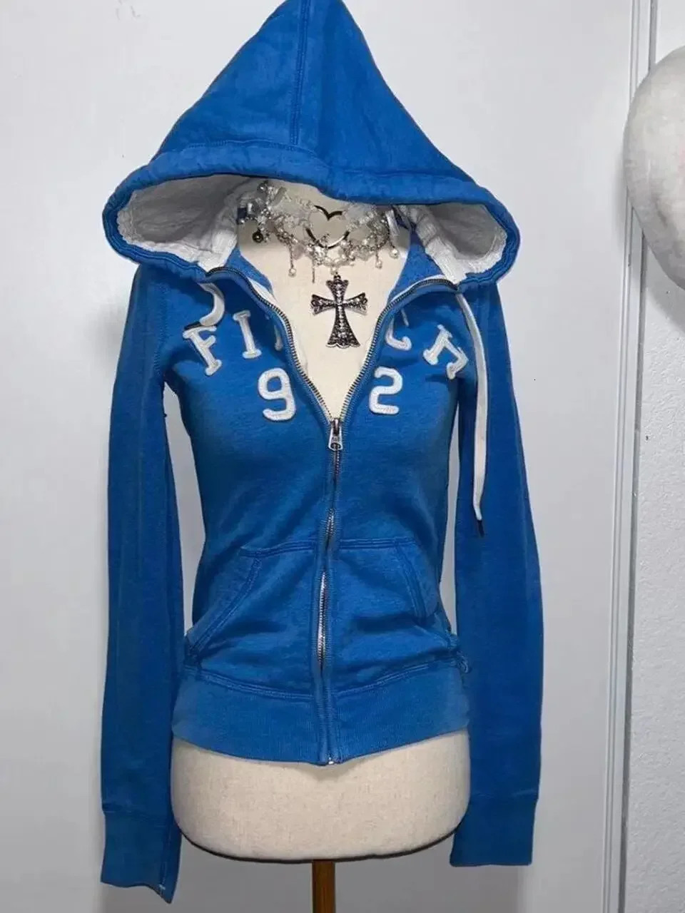 blue sweatshirt for women fall and winter gothic American retro casual bulk streetwear Y2K n Slim cardigan jacket 250814