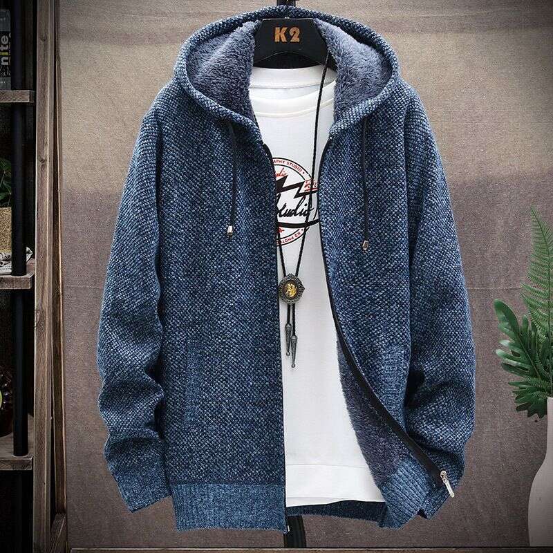 Men's Clothing Fleece Plus-Size Sweater Hooded Cardigan Zipper Knit Coat