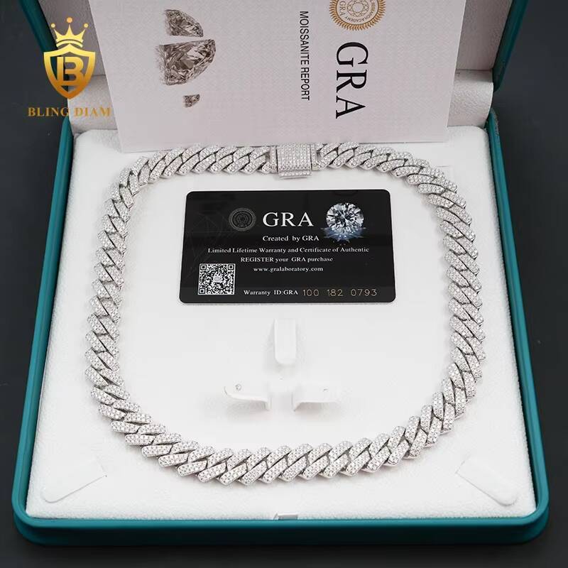 Fashion Male Necklaces 14mm Two Rows Iced Out Hip Hop 925 Sterling Silver VVS Moissanite Miami Cuban Link Chain