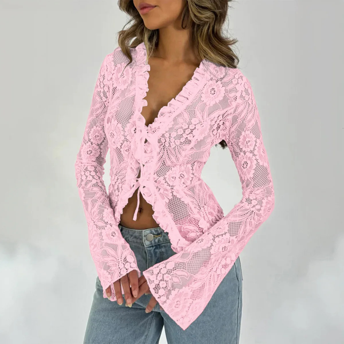 Spring Summer Sexy Slim Fit Long Sleeved Women Lace Top Vshaped Collar Flared Sleeves Gauze Mesh Girls Clothes 250814