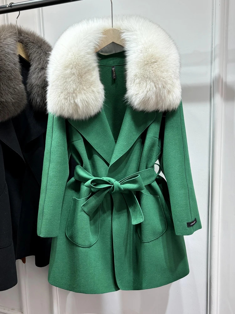 Janveny Wool Coat Women Natural Fox Fur Collar Winter Jacket Clothes For Female Short Slim Woolen Trench Coats Outwear 250811