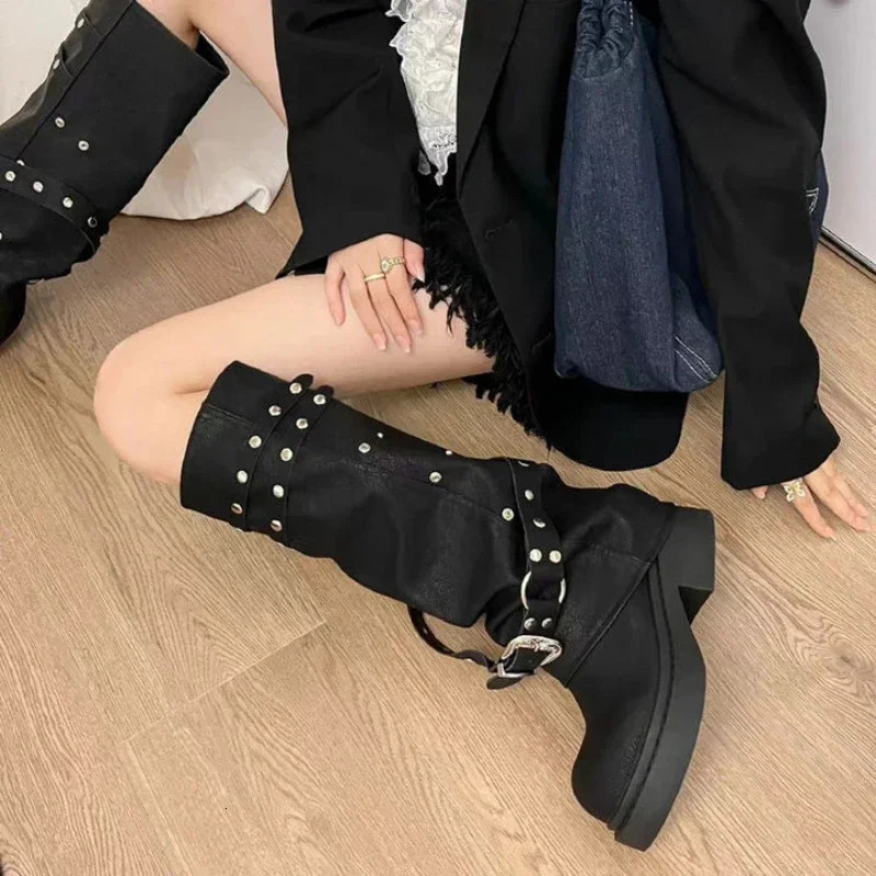 Women Western Cowgirl Boots Fashion Autumn Knee High Boots Women Punk Style Pu Leather Long Botas Woman Black Studded Pant Boot 250809