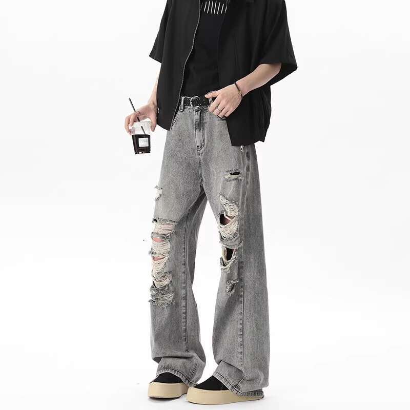 Summer Thin Ripped Jeans For Men American High Street Vibe Style Unique Design Loose Destroyed Pants B5