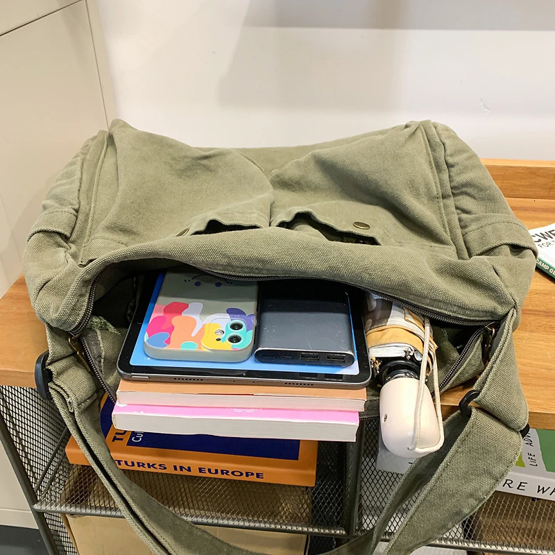 Vintage Style Canvas Messenger Bag Casual Travel Crossbody Bag Retro Large Capacity Shoulder Bag Multi Pocket Shoulder Bag 250809