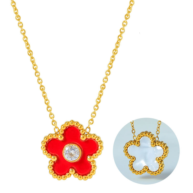 316 Stainless Steel Zircon Black Red Five-Leaf Clover Necklace for Women White Mother-of-Pearl Gold High Version Non-Fading Jewelry for Women