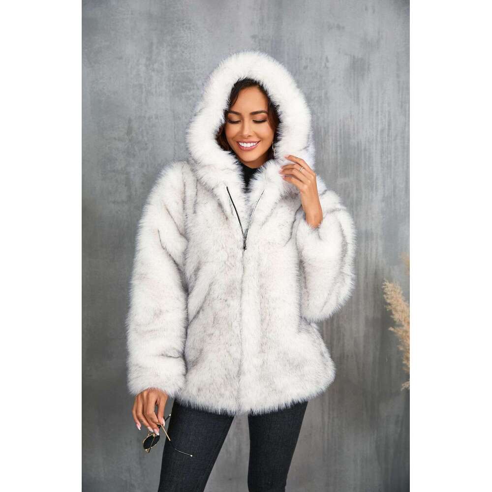 Women's Clothing Solid Color Loose Hooded Short Fur Collar Coat Warm Winter Wear 20250815