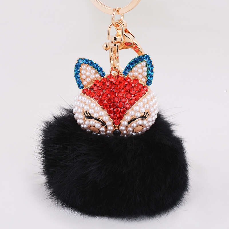 Korean Version Dia-Studded Fox Head Rabbit Fur Ball Alloy Keychain Fashion Bag Pendant Car Accessory Ornament