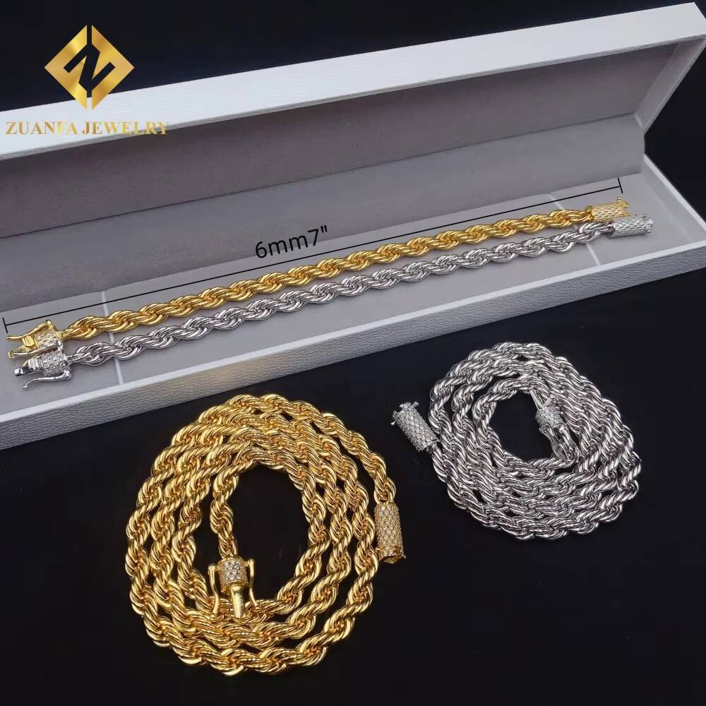 6MM Wide 316L Stainless Steel Cuban Chains + 925 Silver VVS Moissanite Lock Fashion Men Hip Hop Necklace Bracelet