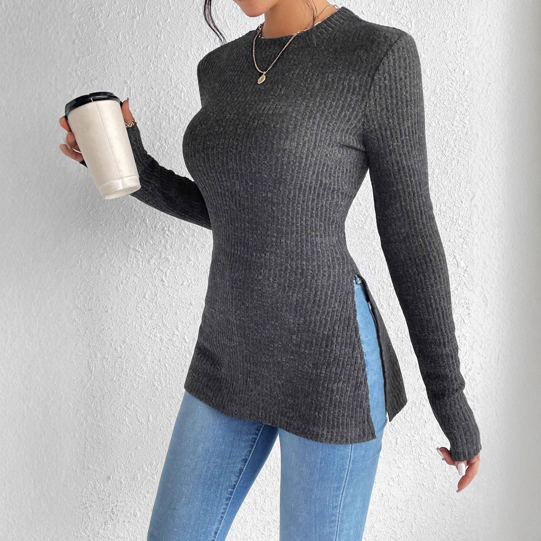 Sexy Women's New Slim Fit Brushed Cotton Crew Neck Ribbed Knit T-Shirt