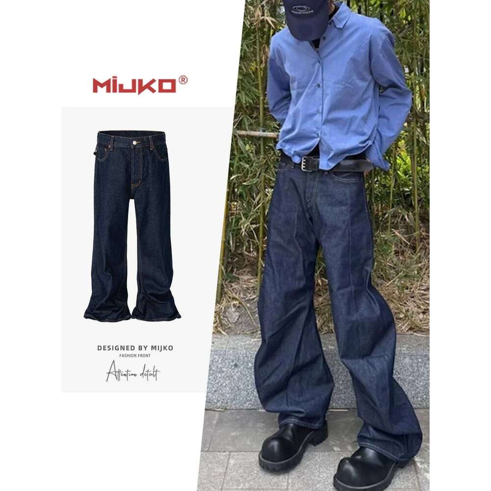 MIJKO Dark Blue Mens Baggy Jeans Cleanfit Loose Casual Denim Trousers Unisex Cargo Pants TJ122