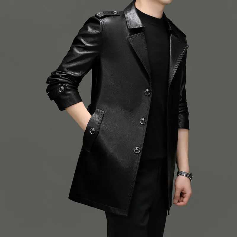Autumn Leather Trench Coat Men Luxury Party Single Breasted PU Leather Coat Male Trendy Long Motorcycle Windproof Jacket W250815