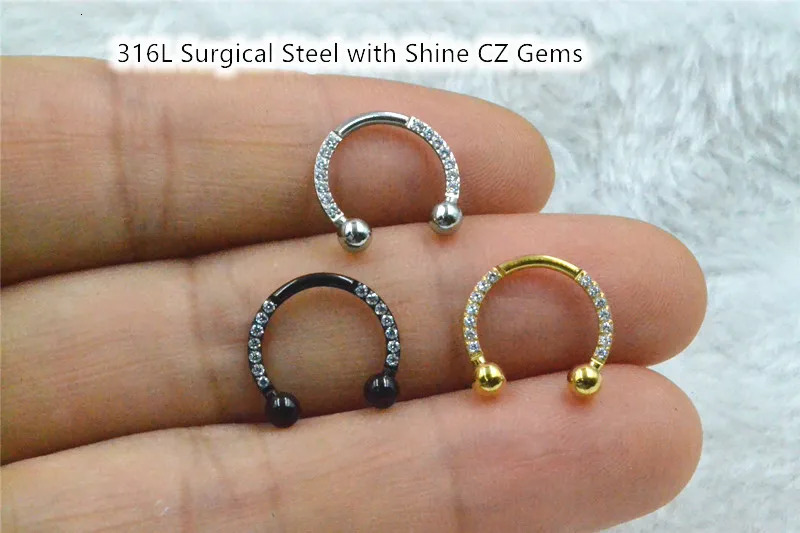 10pcs Body Jewelry Piercing - 316L StEEl CZ Horeshoes Nose Septum Ring Ear Helix Daith Cartilage Earring Ring 250807