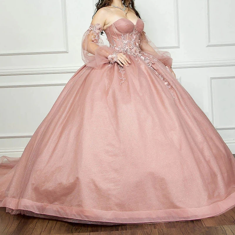 Rose Gold Shiny Princess Sweet 16 Dress Quinceanera Dresses Off The Shoulder Applique Flower Tull Corset Party Birthday Vestides 15 Anos