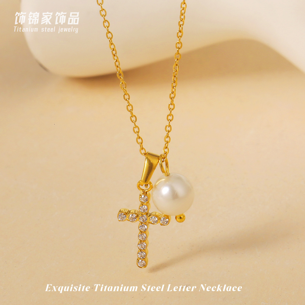 Titanium Steel Cross Zircon for Women Summer Non-Fading Light Niche Shell Pearl Necklace Jewelry Jewelry for Women