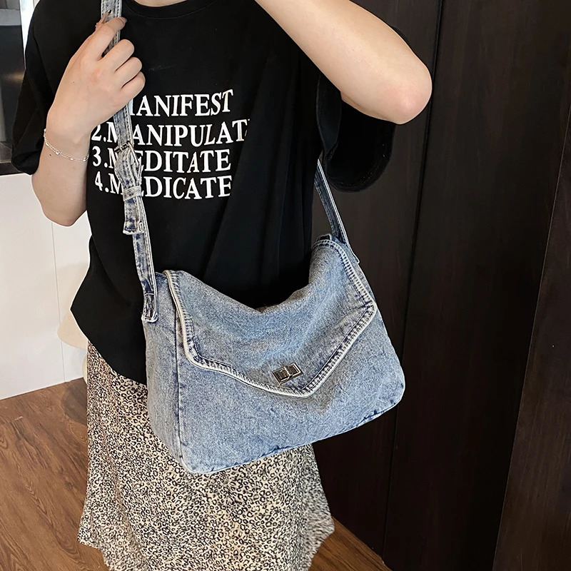 Denim Fabric Flap Messenger Bags For Women Blue Large Capacity Shoulder Crossbody Bag Casual Street Zippered Retro Handbags 250809
