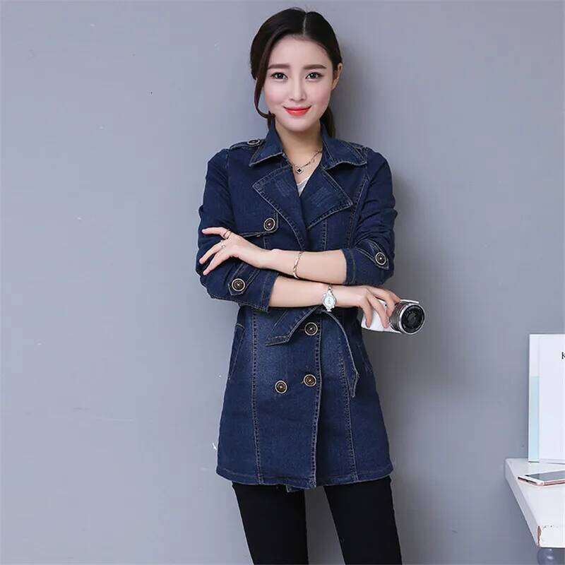 Designer Clothing 2025 Autumn Denim Coat Women Double-Breasted Full Sleeves Vintage Windbreaker Female Long Jean Jacket Outerwear Tops