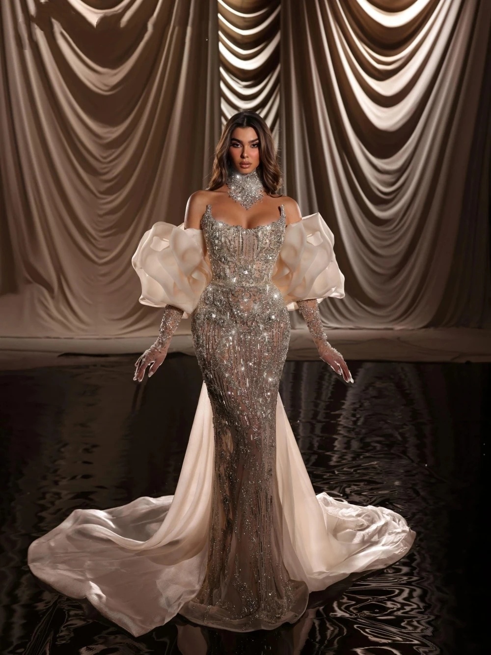 Sparkly Wedding Dresses Sequins Strapless Bridal Gowns Mermaid Beading Detachable Sleeves Illusion Customized Vestidos De Novia Plus Size