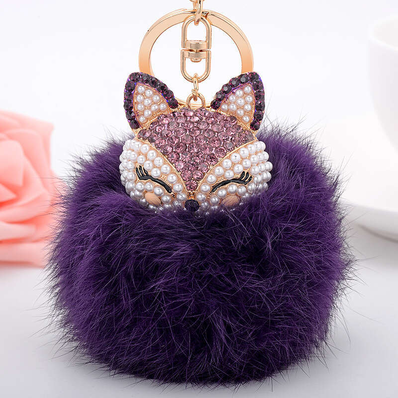 Korean Version Dia-Studded Fox Head Rabbit Fur Ball Alloy Keychain Fashion Bag Pendant Car Accessory Ornament