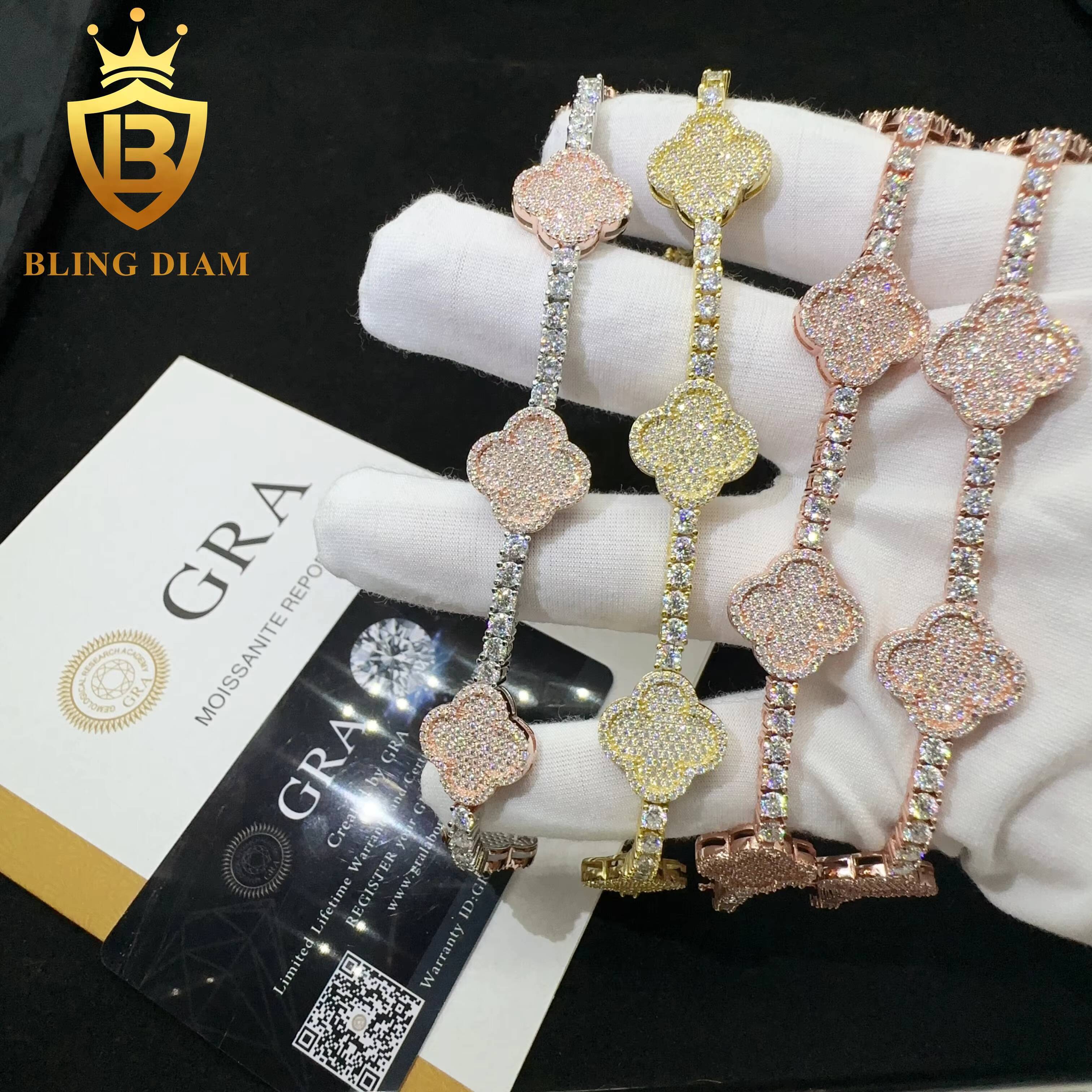 Wholesale Price 925 Sterling Silver Vvs Moissanite Diamond Hip Hop Iced Out Jewelry Clover Leaf Tennis Chain Bracelet