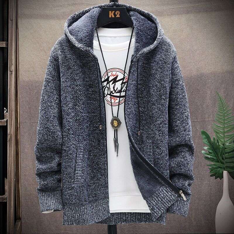 Men's Clothing Fleece Plus-Size Sweater Hooded Cardigan Zipper Knit Coat