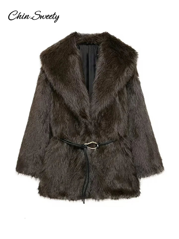 Faux Fur Lapel Coats Women With Belt Autumn Winter Long Sleeve Pocket Coat Female Elegant Thicken Warm Loose Outwear 250811