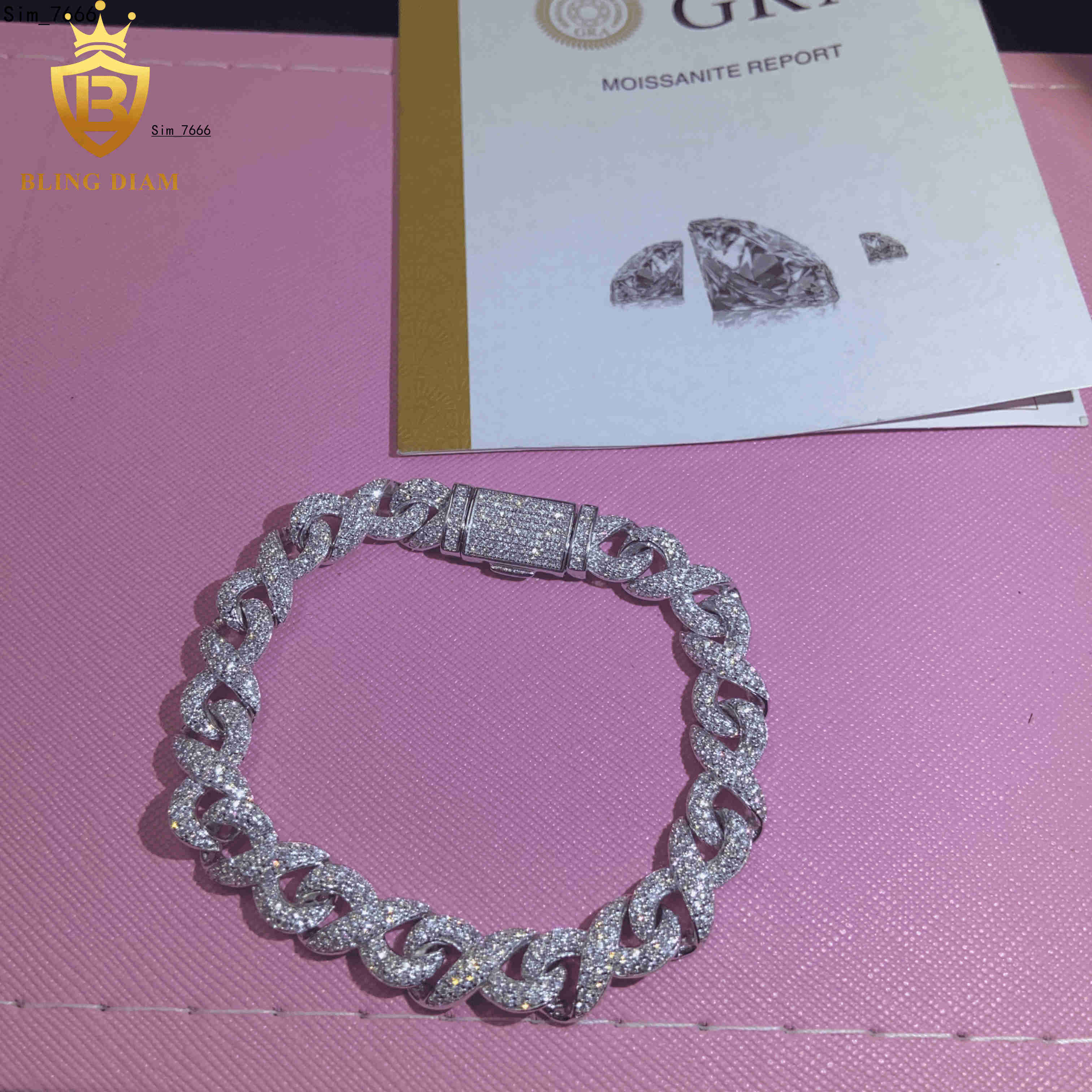 New Design Fashion 925 Eight-Character Chain Moissanite Cuban Bracelet Men Women Hip Hop Style Pass Diamond Tester 10mm with GRA