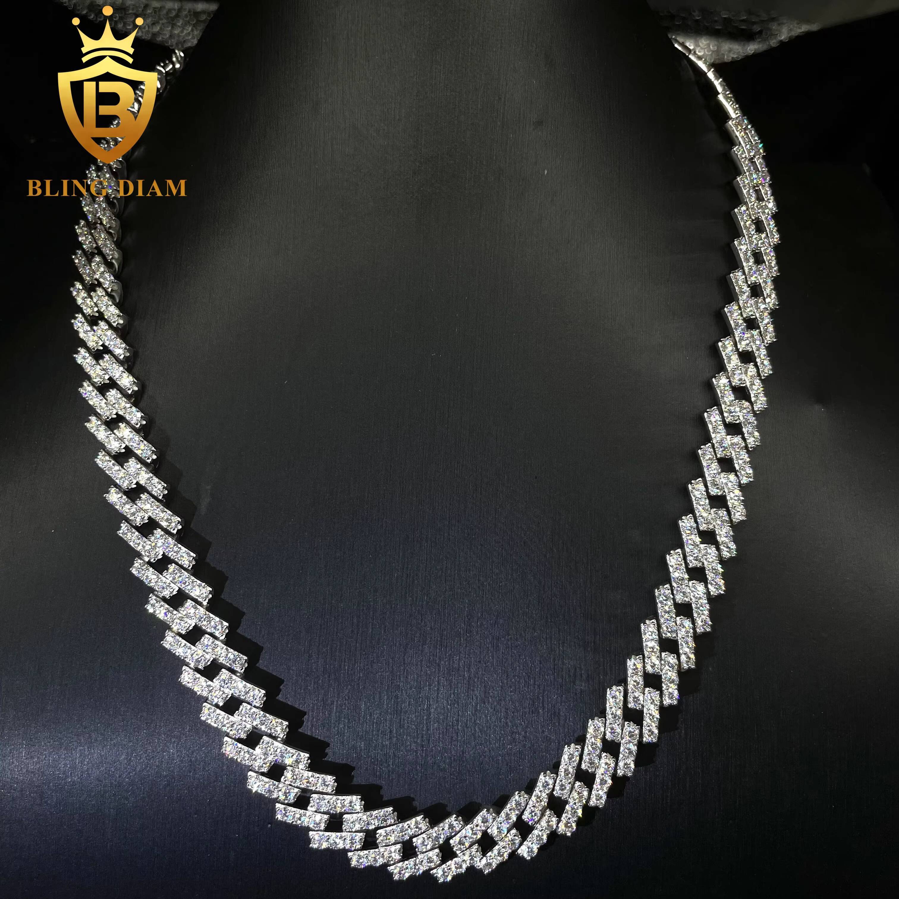 Top Trendy 13mm 2 Rows 925 Sterling Silver Iced Out Vvs Moissanite Diamond Cuban Chain Hip Hop Necklace Jewelry